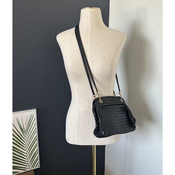 SISO ITALY VINTAGE LEATHER Woven Handbag Black Bottega Style Gold Accents - Picture 2 of 9